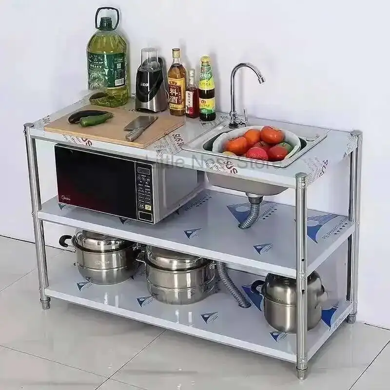 Kitchen Steel Storage Commercial Kitchen Sinks Stainless Accessories Balcony Garden Wash Basin with Bracket Three-tier Sink Rack