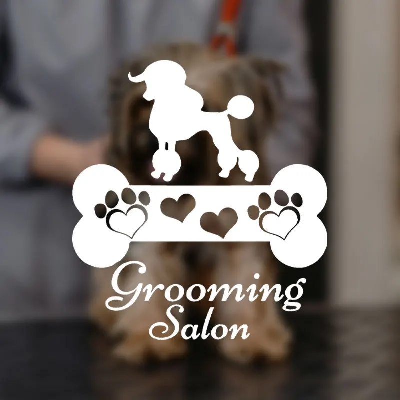 ROWNOCEAN Pet Shop Grooming Salon Decal Cute Paw Heart Print Bone Vinyl Sticker For Pet Shop Poodle Art Mural Decor Z193