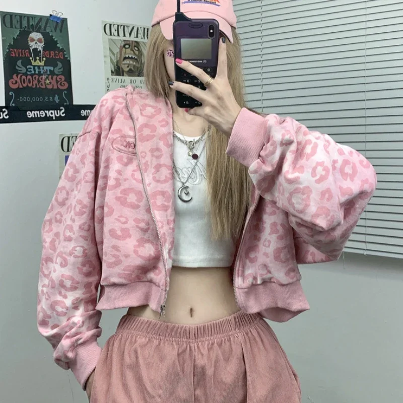 Streetwear Leopard Women Crop Hoodies Cute Pink Long Sleeve Fall Short Coats Loose Harajuku Oversize Female Tops Dropship