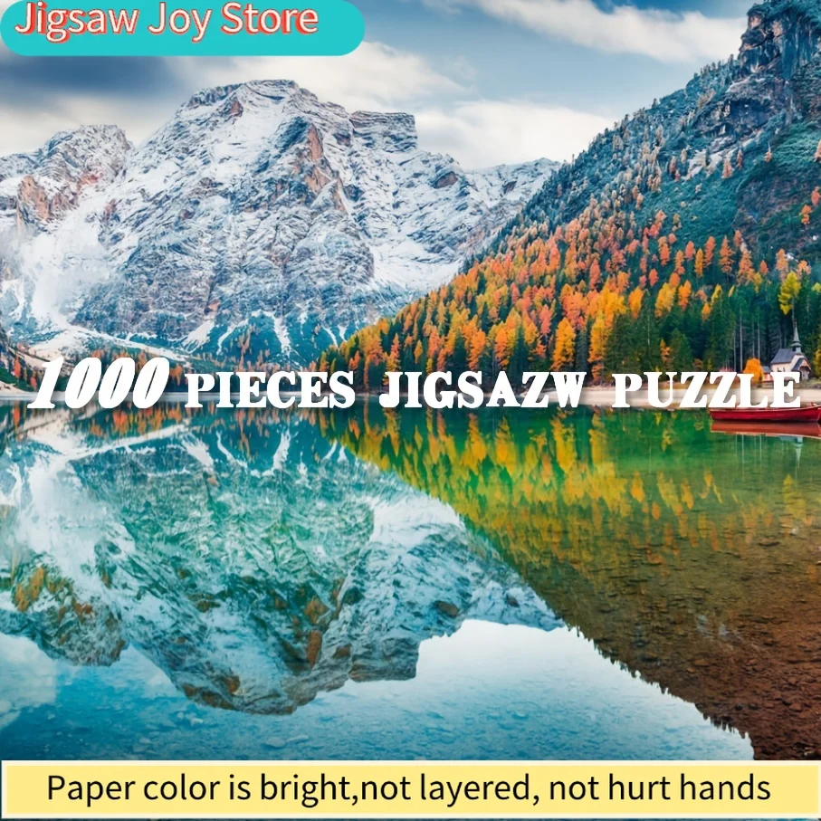 จิ๊กซอว์พัซเซิล - ทิวทัศน์อันงดงามของทะเลสาบเบรสต์ พร้อมภูเขาที่ปกคลุมด้วยหิมะและใบไม้ร่วง ขนาด 27x20 นิ้ว เหมาะสำหรับตกแต่งบ้าน