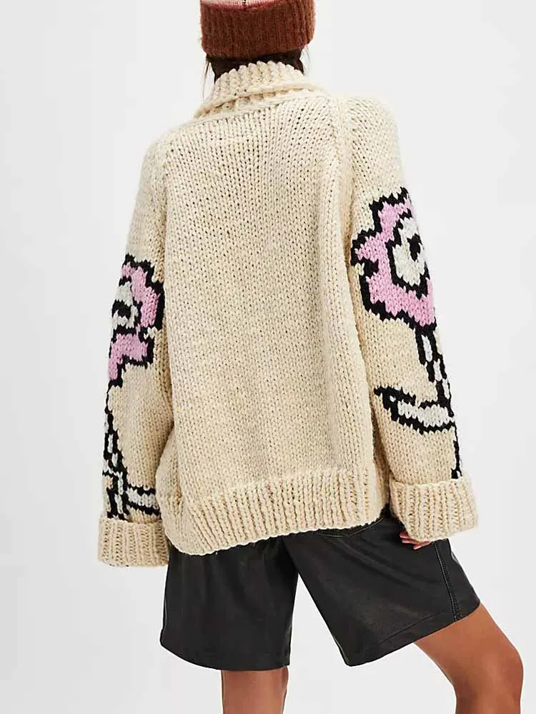 MCDV カジュアルプリント女性ニットカーディガン秋冬長袖 V ネックシングルブレストルーズセーターコート厚く暖かいニットウェア