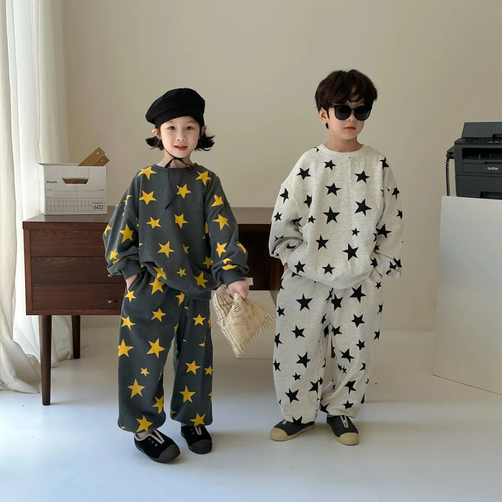 Childrens Sets Clothing Autumn Boy Girl Korean Printing Two Pieces Children Long Sleeves Trousers Sweater 2024 Sweet