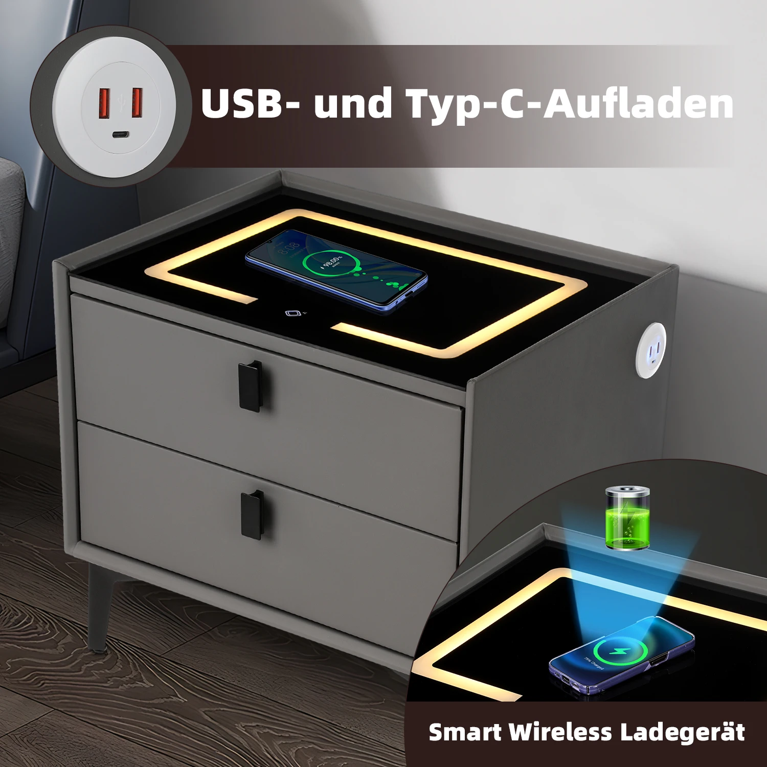 Comodino intelligente Oyajia con ricarica wireless, comodino con luce LED, comodino a 2 cassetti, comodino a LED per soggiorno