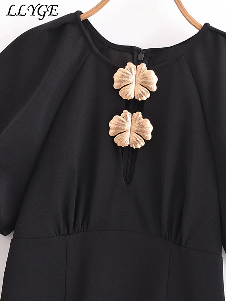 Elegant Hollow Out Short Dress Women O-neck Puff Sleeve Pleated Female A-line Dresses 2025 Summer Solid Lady Black Party Robes