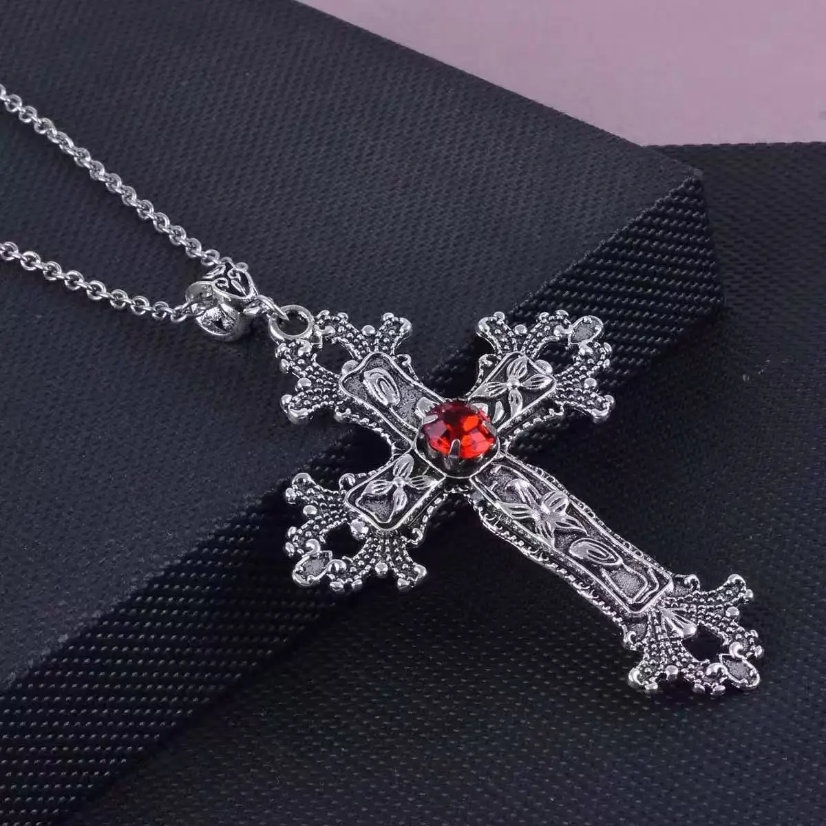 1PCS Punk Split Flame Crystal Large Cross Ancient Silver Men and Women Gothic Irregular Cross Chain Necklace Pendant, Aesthetic