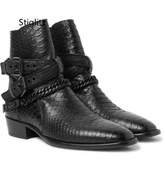 British Style Snake Pattern Ankle Boots for Men Pointed Toe Belt Buckle Leather Boots Black Stylish Casual High-Top Men's Shoes