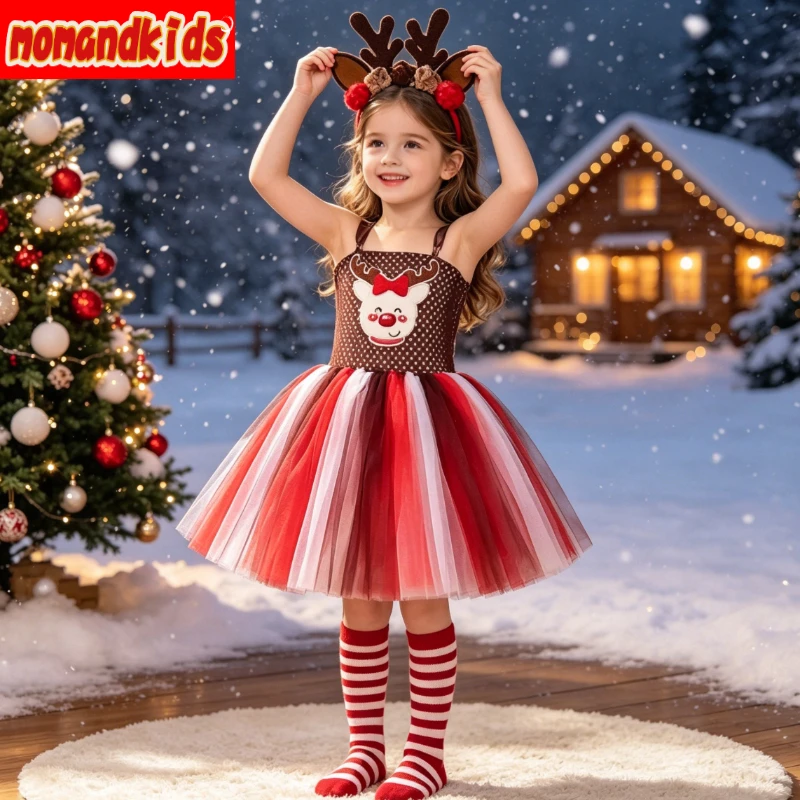 Whimsical Winter Deer Fancy Tutu Attire with Soft Layered Skirt, Ideal for Xmas Parades and Family Holiday Portrait Sessions