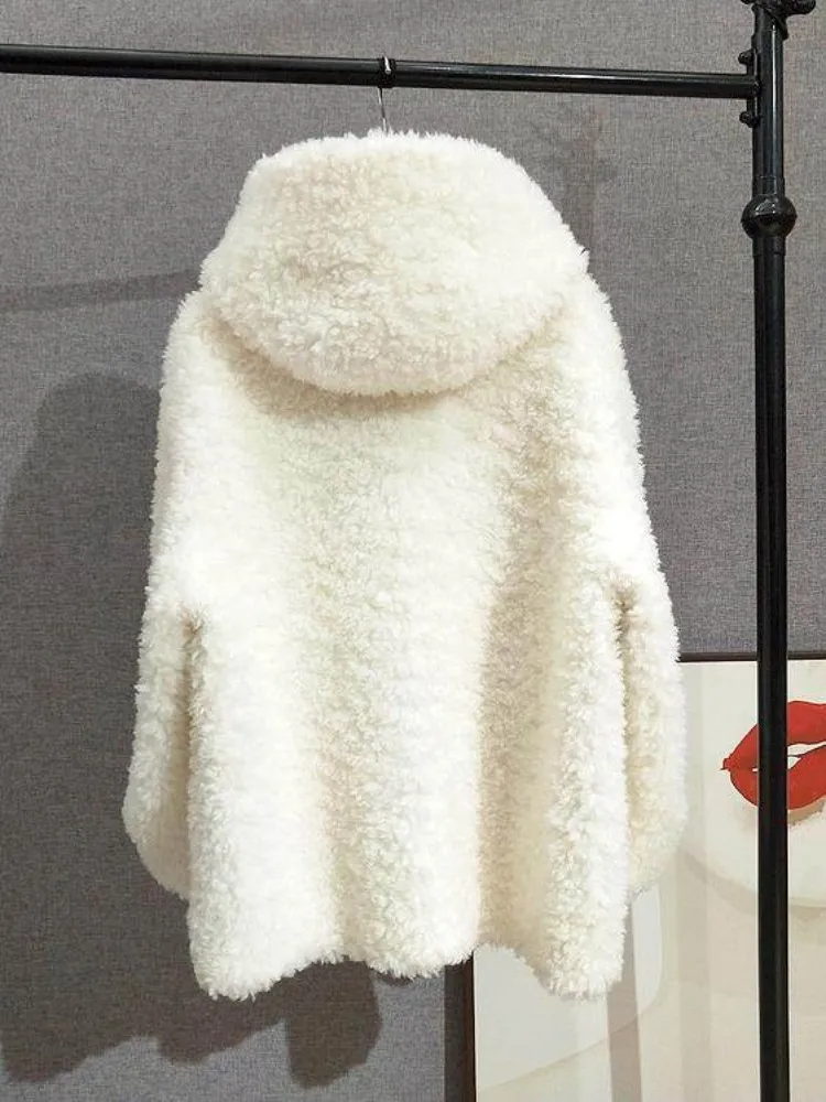 Winter Women 100% Real Wool Hooded Jacket Comfortable Warm Daily Outerwear Horn Button Pure Sheep Fur Coat Beige Casual Overcoat