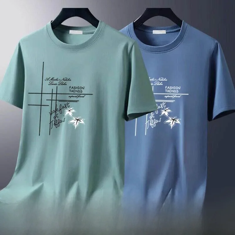 Loose Fit Ice Silk Short Sleeve T-Shirt round Neck Casual Style Men's Summer Top Bright Thread Detailing Regular Length