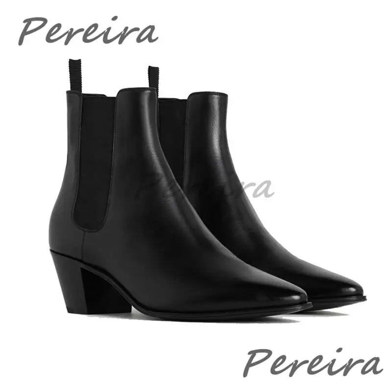 Pointy Toe 6CM High Heel Chelsea Boots for Men Autumn Winter Black White Genuine Leather Short Boots Trendy Business Dress Shoes