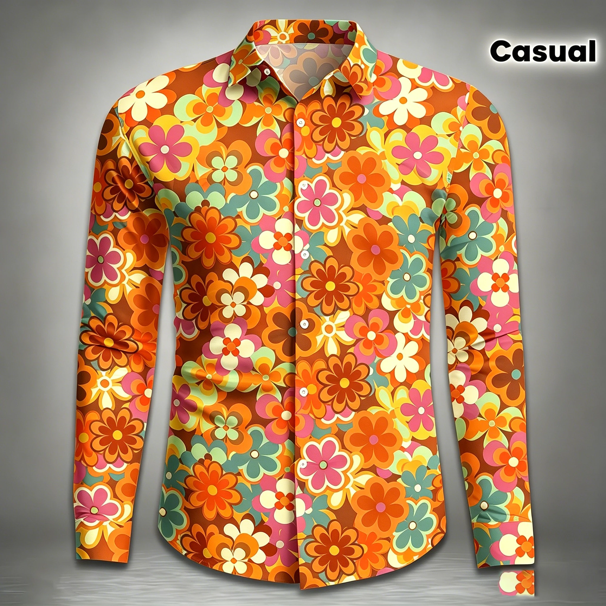 Men's collared slim-fit long-sleeved shirt, daisy drape shirt, plus-size retro European and American style casual cardigan top. - view 3