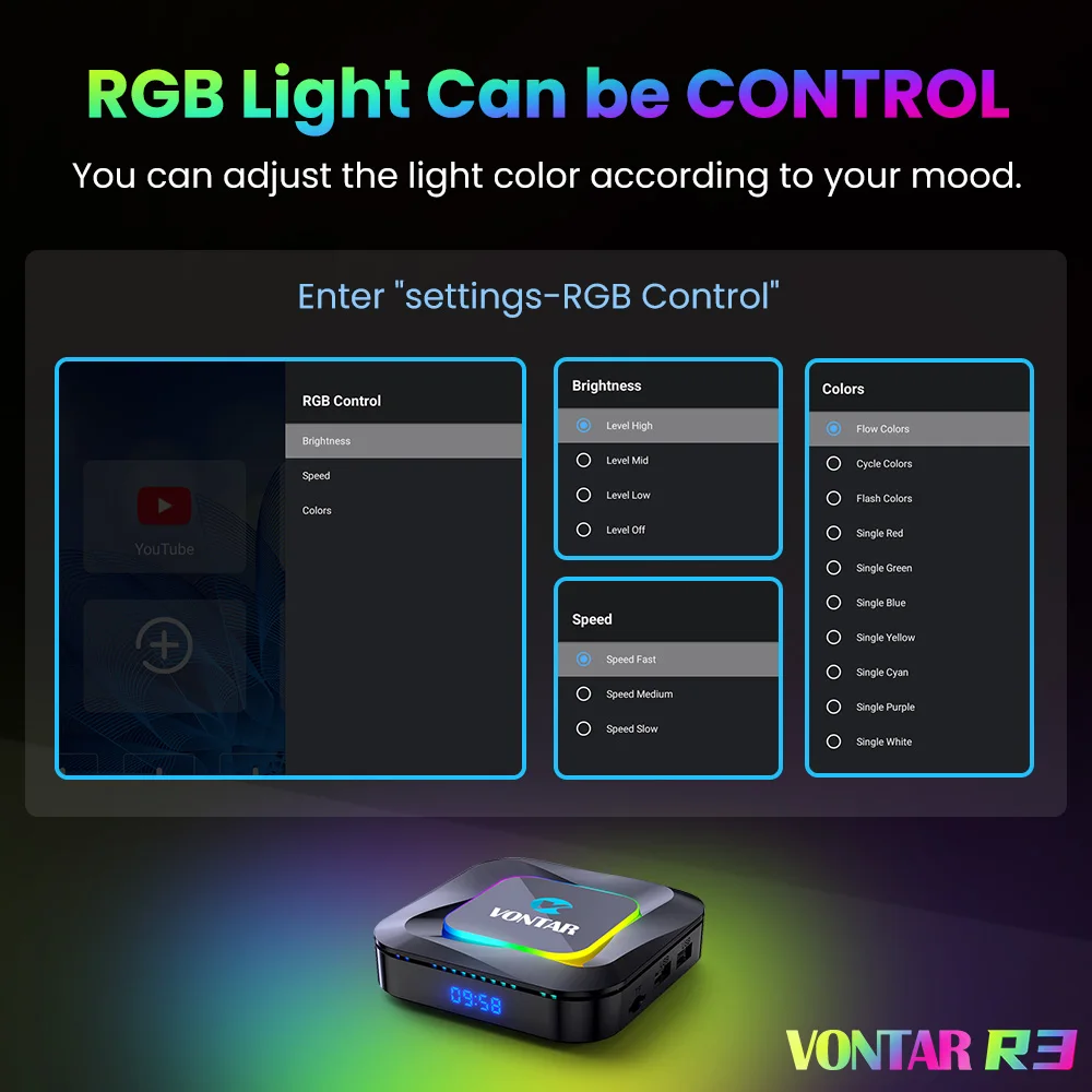 VONTAR R3 RGB Light Android 13.0 TV Box RK3528 رباعي النواة Cortex A53 يدعم 8K Video HDR10 + BT5.0 Wifi6 Google Voice Media Play
