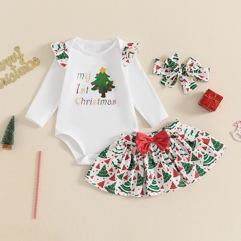 3-24M Baby Girls 3Piece Christmas Outfit Sets Ruffled Long Sleeve Letter Tree Print Rompers + A-line Skirt + Bowknot Headband