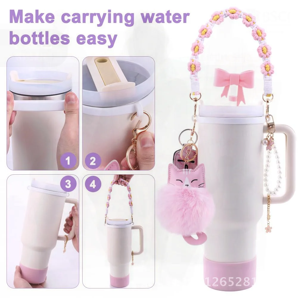 

Silicone Hand-held Cup Set with Rope Flower Pearl Chain Lucid Cat Fur Ball Keychain for Party And Festive Decorations