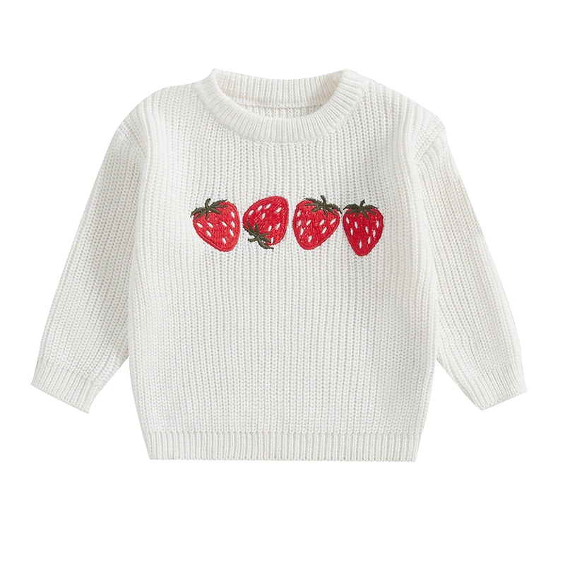 

Toddler Girls Sweater Strawberry Embroidery Crew Neck Long Sleeve Kids Pullovers Fall Clothes Tops