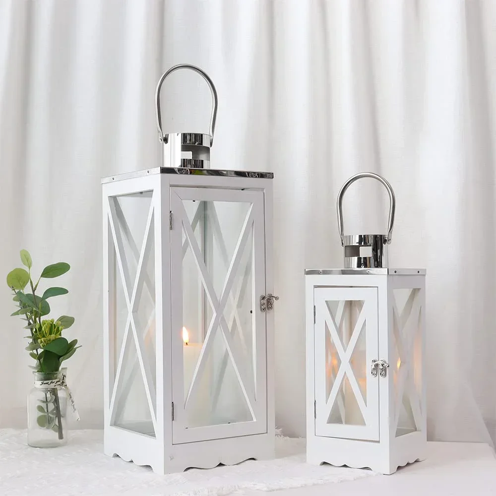 Farmhouse Wood Lantern Decorative Candle Holders with Tempered Glass & Stainless Steel Handle Hanging Lantern(White Rectangle)