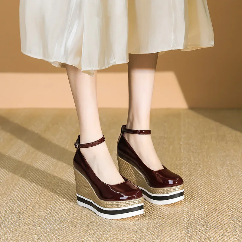 

Black Red Ankle Strap Round Toe Wedges Platform Pumps Women Spring Autumn Thick Bottom Height Increasing Shoes Ladies High Heels