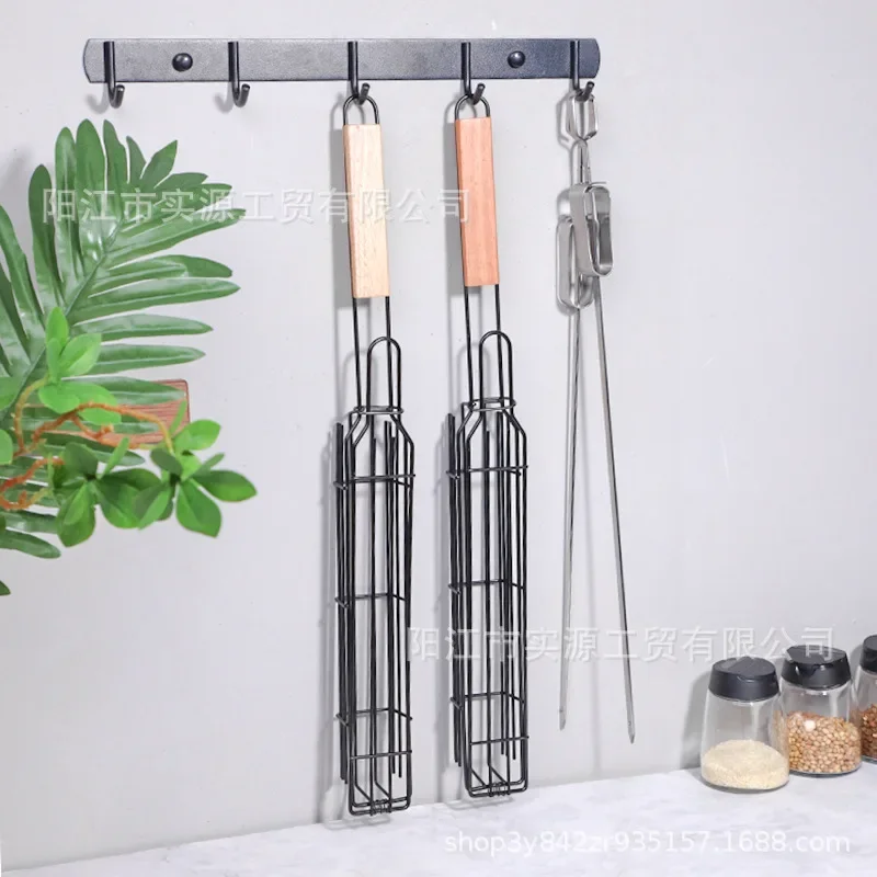 BBQ Cage, Sausage Grill, Wooden-Handled BBQ Basket, Meat Tongs, and Sliding Stainless Steel Skewers Combo Set—BBQ Grill