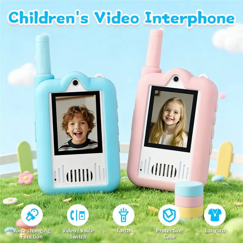 ABXE-Children's Video Intercom Cartoon Intercom 2-Inch HD Screen Rechargeable Voice Fonts One-Click Call Gift For Kids