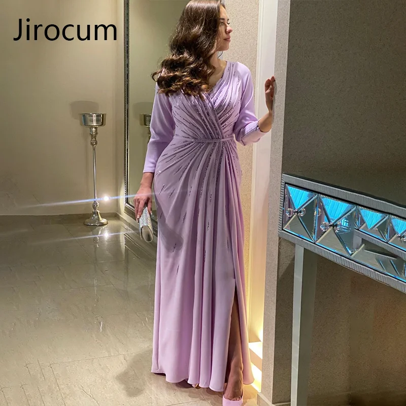 Jirocum Light Purple Shiny Evening Dress Women's Chiffon Beaded Party Prom Gowns Mermaid Long Sleeve Formal Occasion Dresses