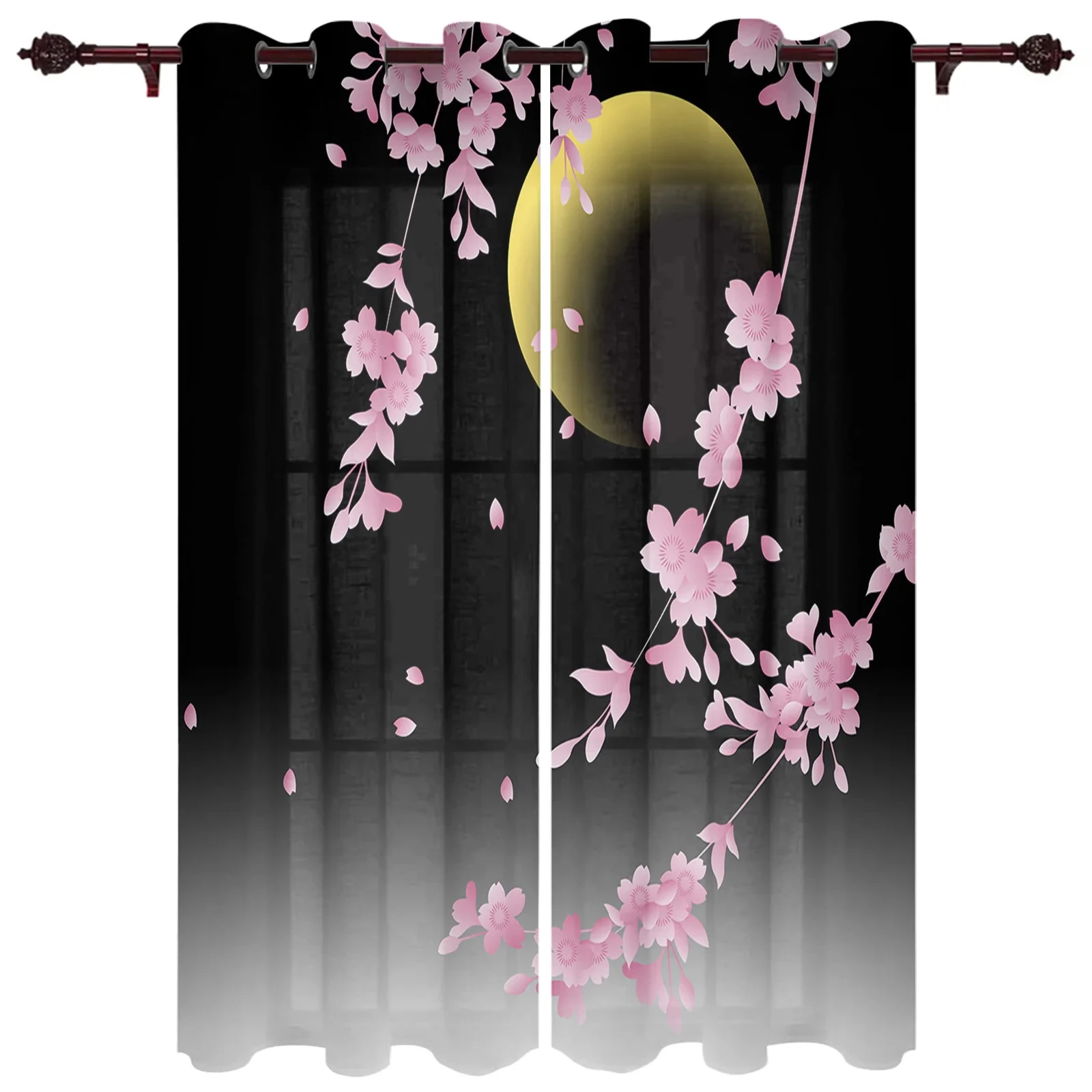 2pcs Japanese Cherry Blossom Moon Minimalist Curtains for Living Room Bedroom Study Decor Curtain Modern Kitchen Window Curtains