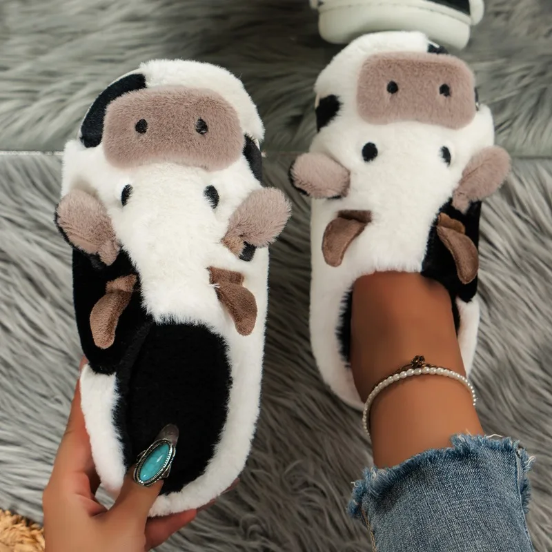 Women Winter Warm Slippers Cartoon Shoes Furry Plush Slides Round Toe Flats Indoor Home Bedroom Floor Slippers Ladies Shoe