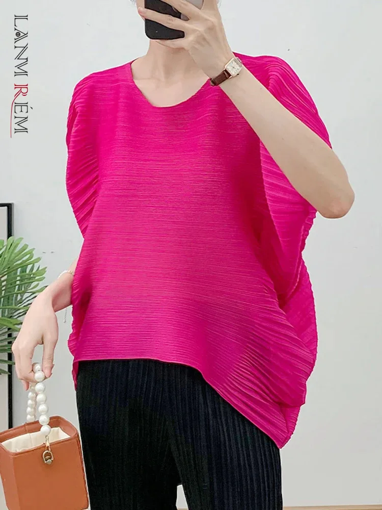 

LANMREM Pleated T-shirt For Women O-neck Batwing Sleeve Solid Color Irregular Tops Fashion 2024 Summer New Clothing 2Z1292