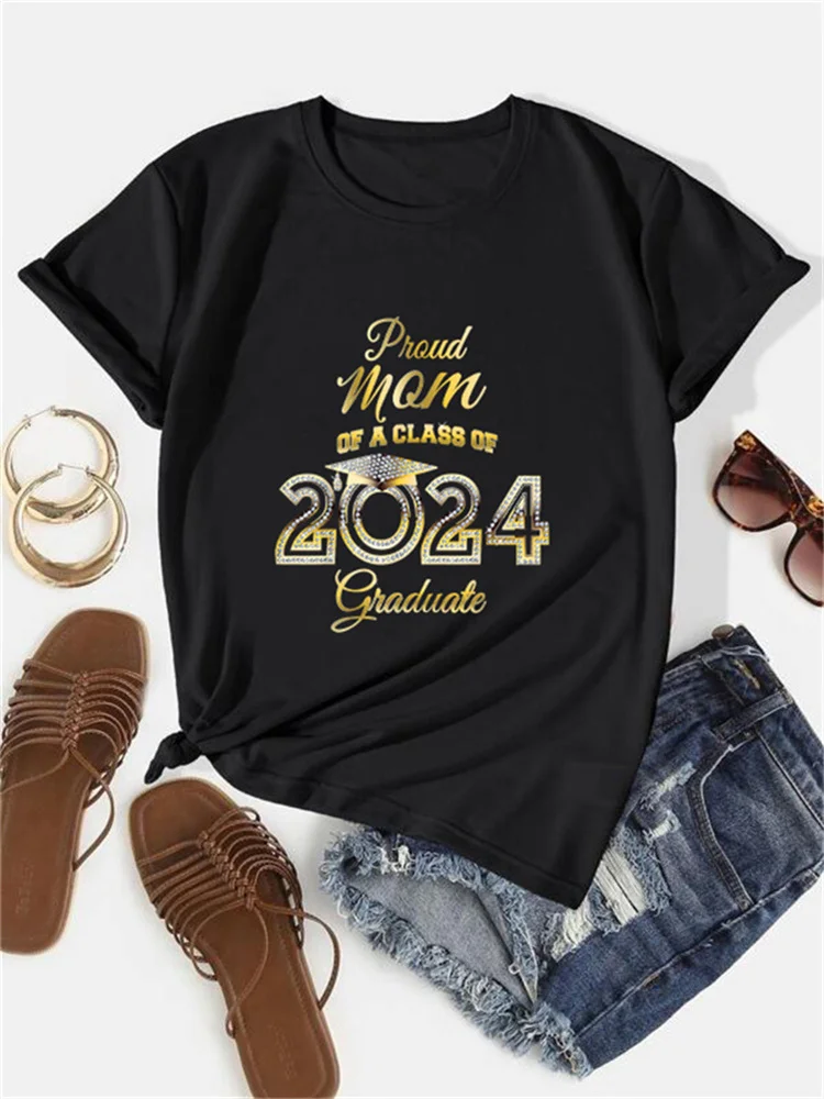 Summer New Proud 2024 Graduates Sister Sparkling Print T-Shirt Fashion Women's Team Short Sleeved Top Round Neck T-Shirt