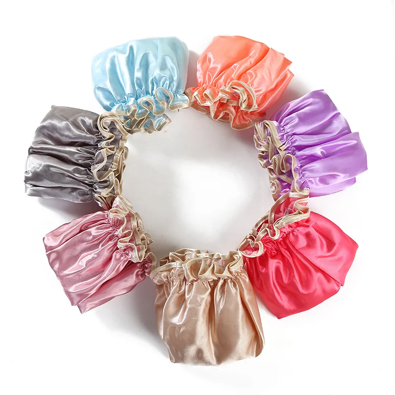 Solid Color Satin Waterproof Shower Caps 27Cm Double-Layer Thickened Cosmetic Dust Cap Anti-Fume Faux Silk Adult Hair Bonnets
