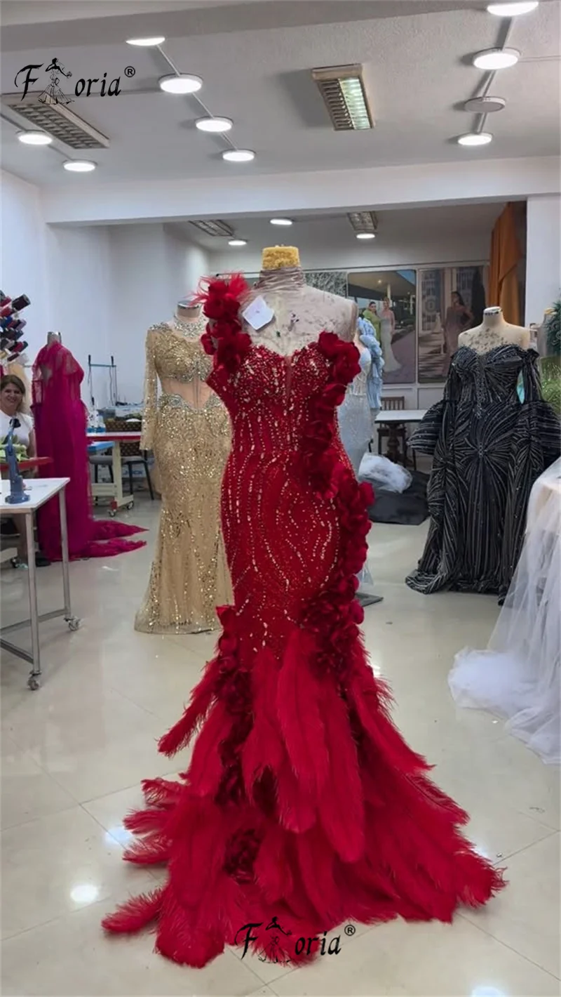 

Luxury Deep Red Mermaid Wedding Dress with Feather Train Beaded Flowers Appliques Pageant Party Gowns Dubai Woman Robe de Mariee