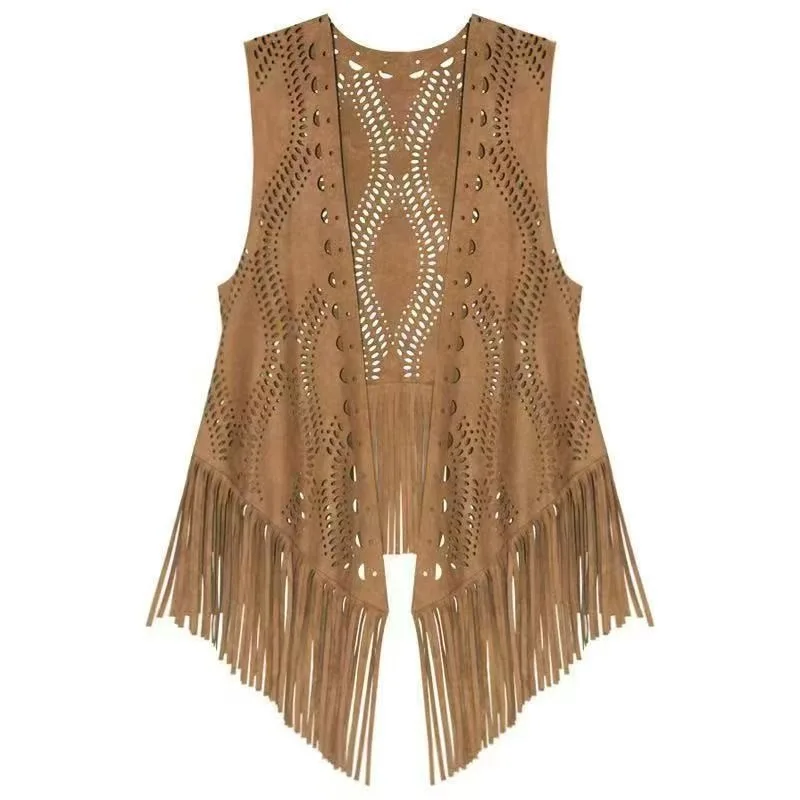

Ethnic Style Retro Suede Vest Women Embroidery with Skirt Coat Bohemian Tassel Cardigan