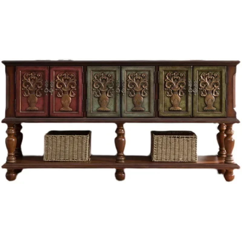 American-European porch cabinet carved creative bottle Anliu door locker retro solid wood dining side cabinet