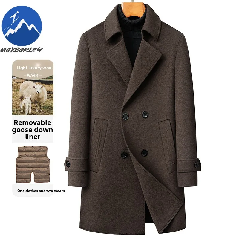 Maxbarley Winter New Wool Jacket Luxurious Outdoor Work Warm Long Wool Coat Detachable Goose Down Lining Double Breasted Coats