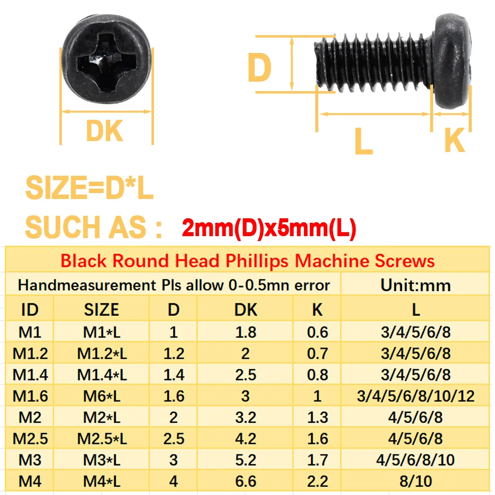 M1-M4 Phillips Round Head Self-tapping Screw Set Black Carbon Steel Plated Round Pan Head Tapping Fastener Screws Assortment Kit