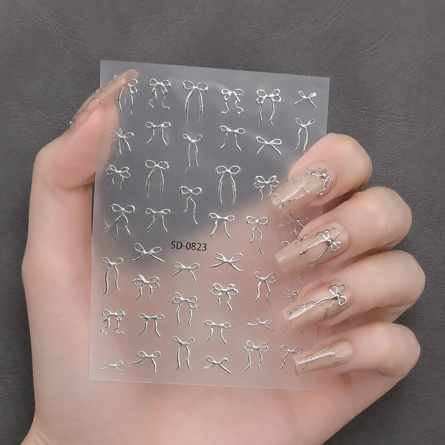 1Pcs 5D Embossed Silver Bow Nail Sticker Minimal Bowknot Self Adhesive Nails Decals Metallic Ribbon for Elegant Manicure Slider