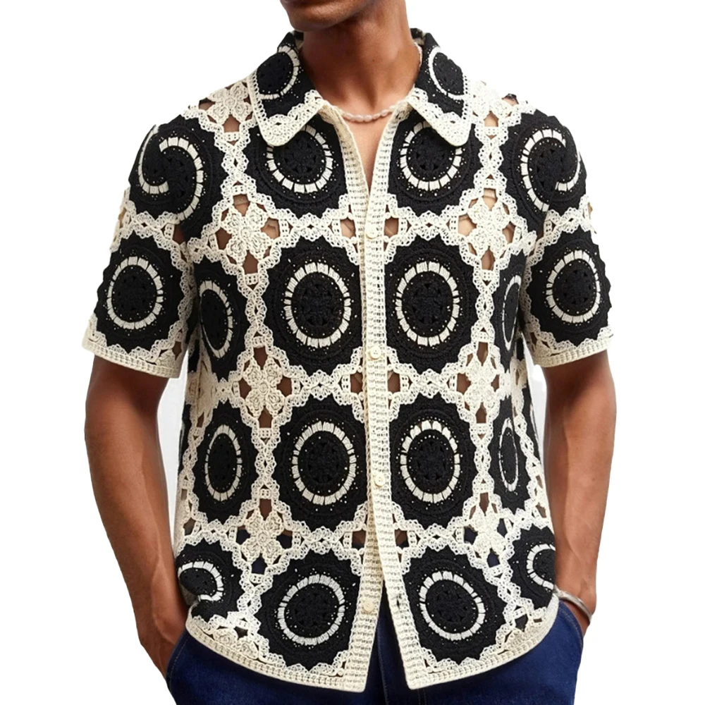 Summer New Men's Hollow-Out Knit Short-Sleeve Shirt American Retro Fashion Trendy Street Casual Loose Breathable Men's Top