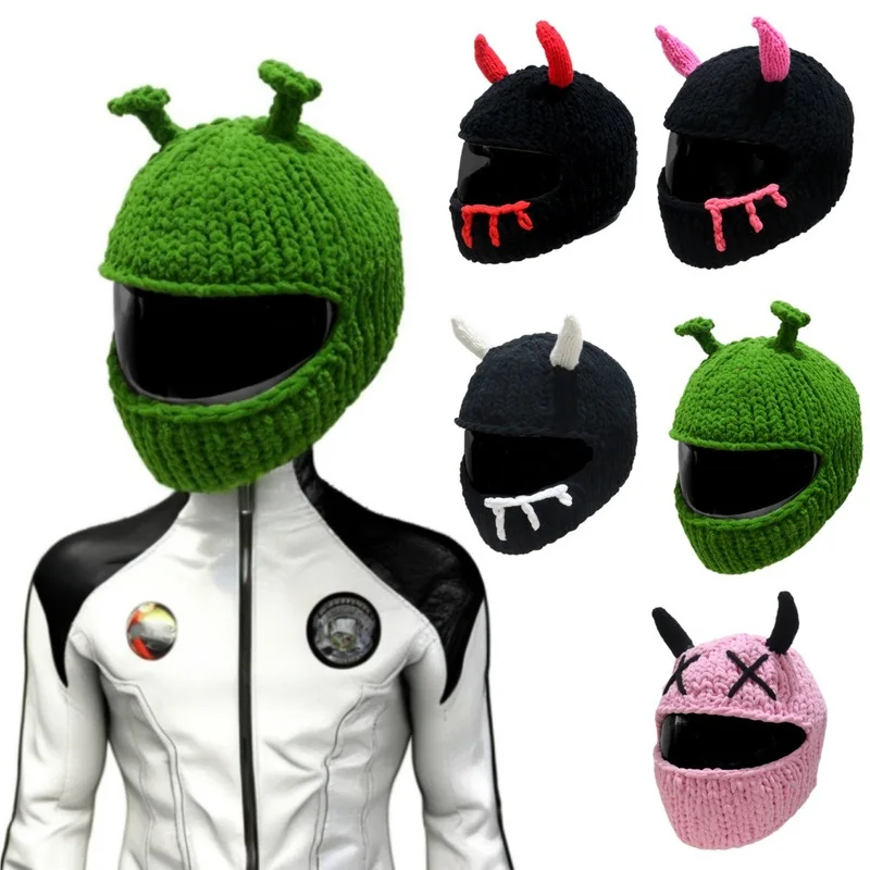 Cute and stylish little devil horn ski hat cycling headgear thick knitted helmet cover trendy and cool personalized fashion