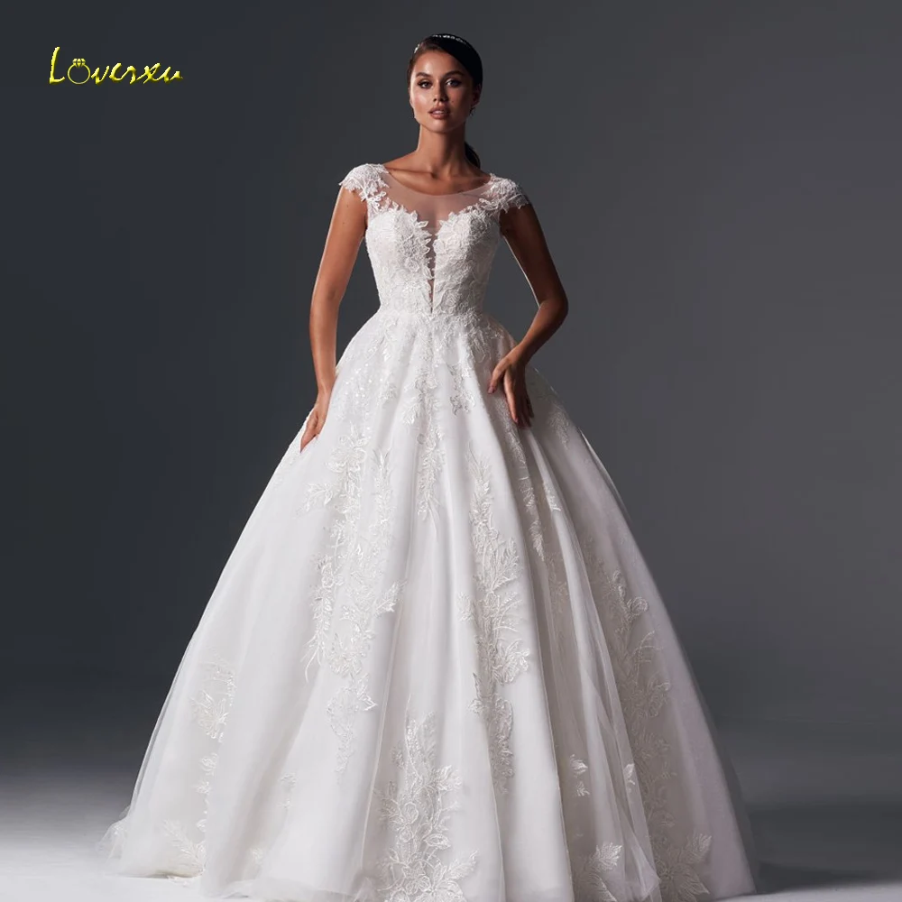 Loverxu Ball Gown Princess Wedding Dresses 2024 O-Neck Cap Sleeve Vestido De Novia Glamorous Appliques Backless Robe De Mariee