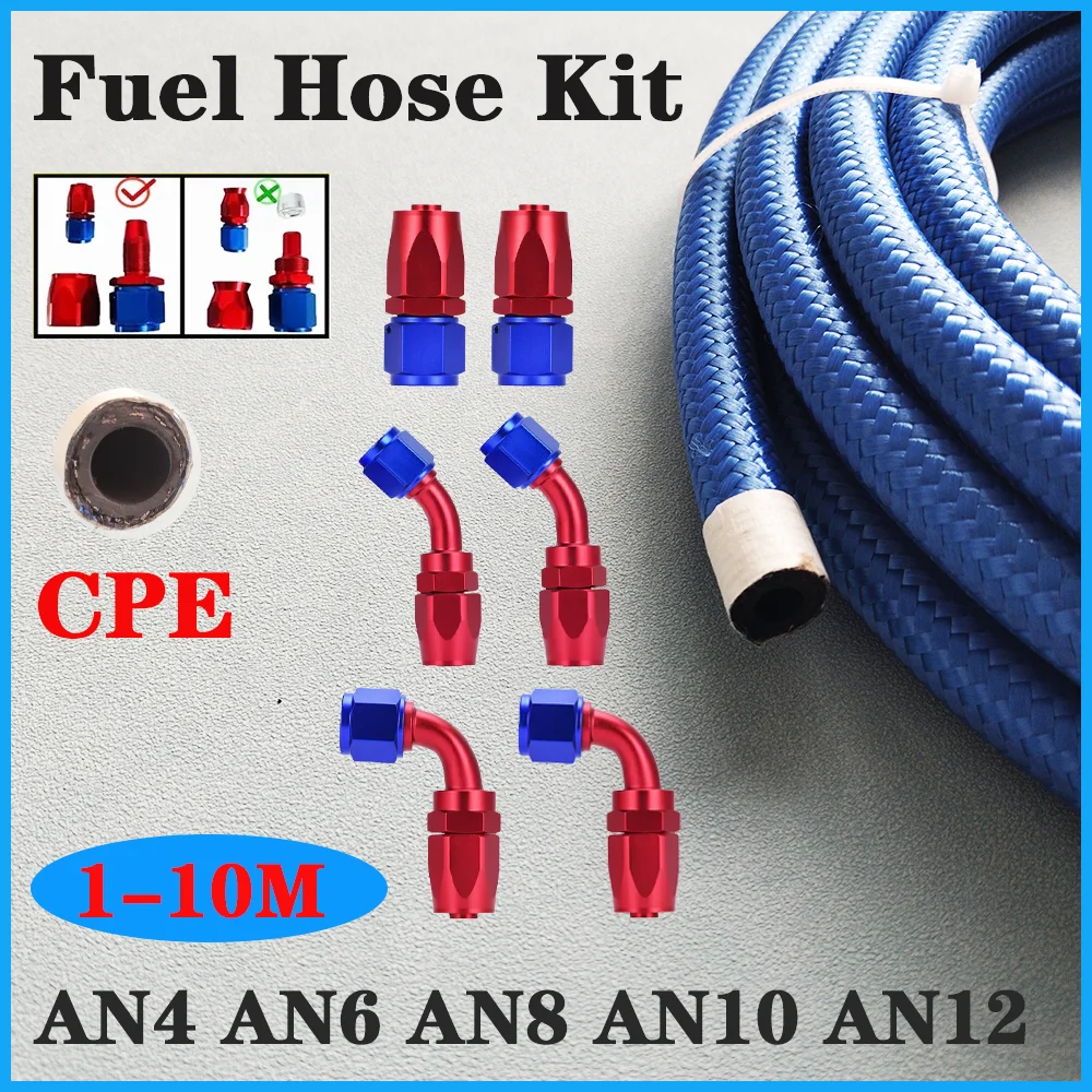 Kit De Montagem De Linha De Combustível Trançado De Aço Inoxidável, AN4 AN6 AN8 AN10AN12, E85, Tubo De Nylon, Nylon Azul, Conector Giratório 6 Pcs