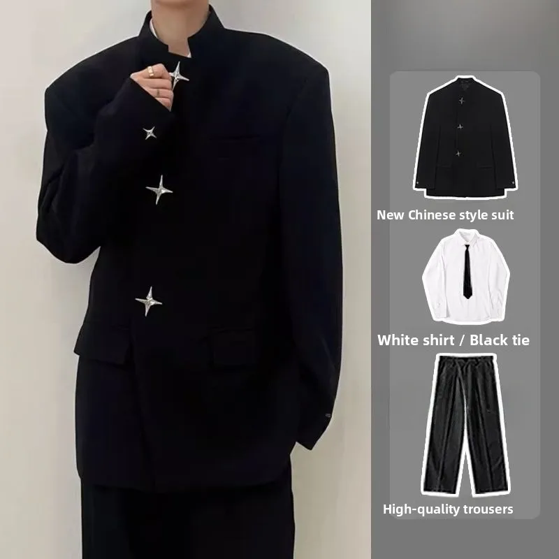 

Advanced Sli Men's Suit Jaet with oulder Pads And Metal Bules Trendy Casual Outerwear for Guys Spring Autumn Wear