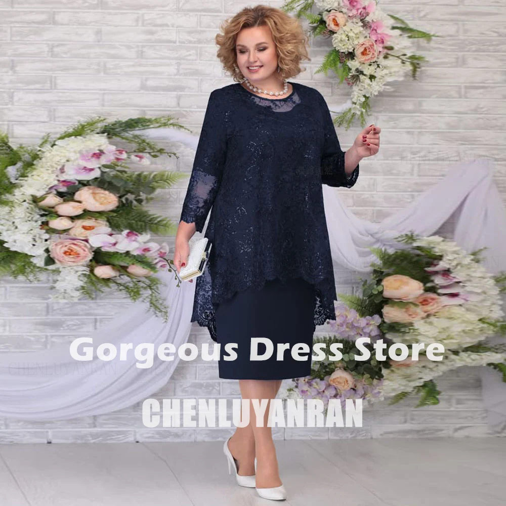 Navy Blue Mother of the Bride Dresses 2023 Long Sleeves Lace Wedding Party Gowns 2 Pieces O-Neck Elegant Dress For Women