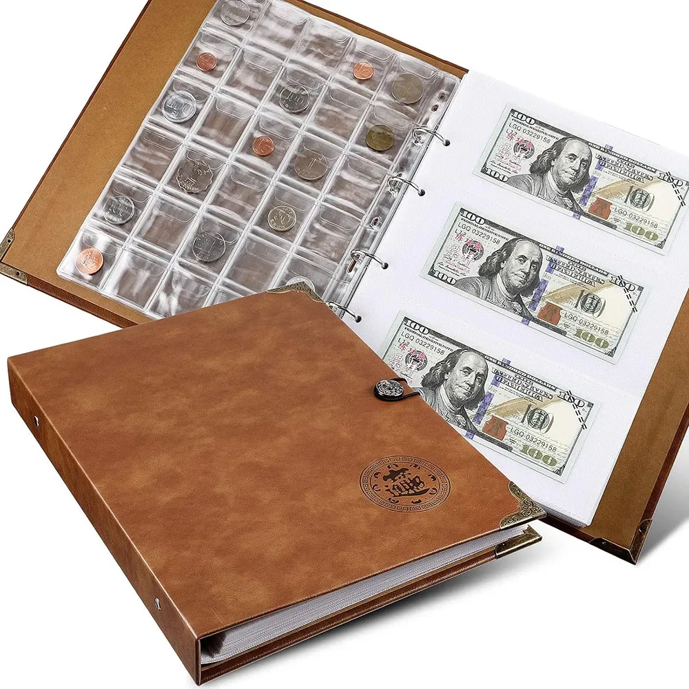 PU Leather Coins Collection Holder Penny Currency Storage Book Coin with 150 Coin Pockets&240 Paper Currency Pockets