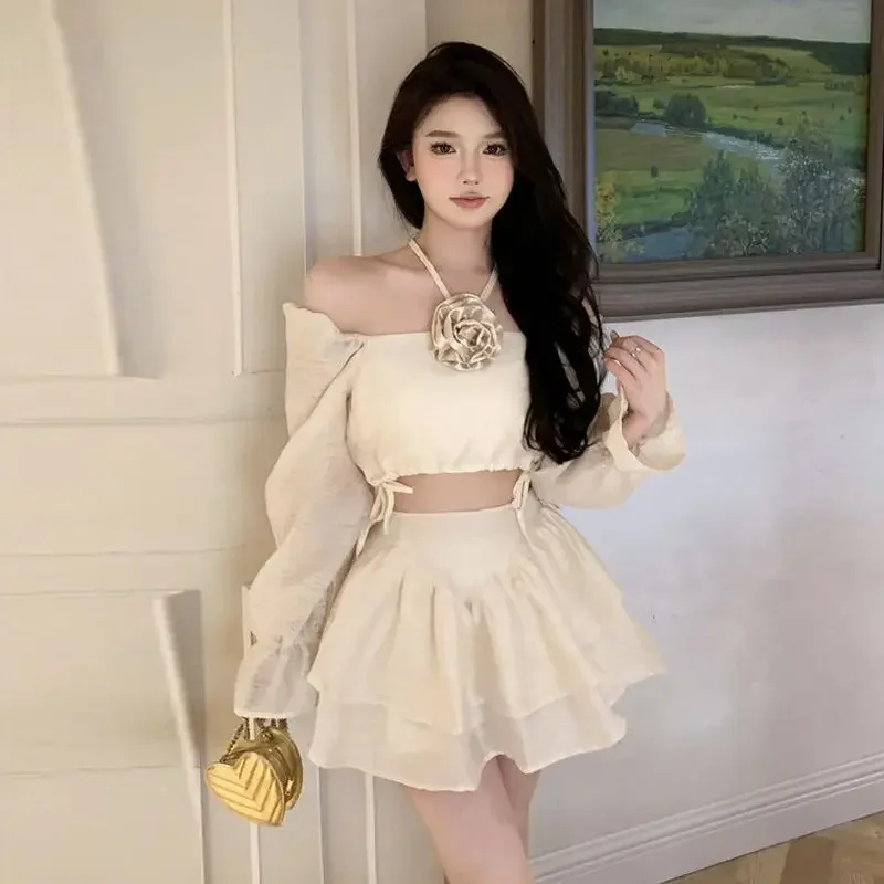 Gagaok Two Piece Set Autumn French One Shoulder Hanging Neck Long Sleeved Shirt Top Women High Waist A-Line Half Skirt