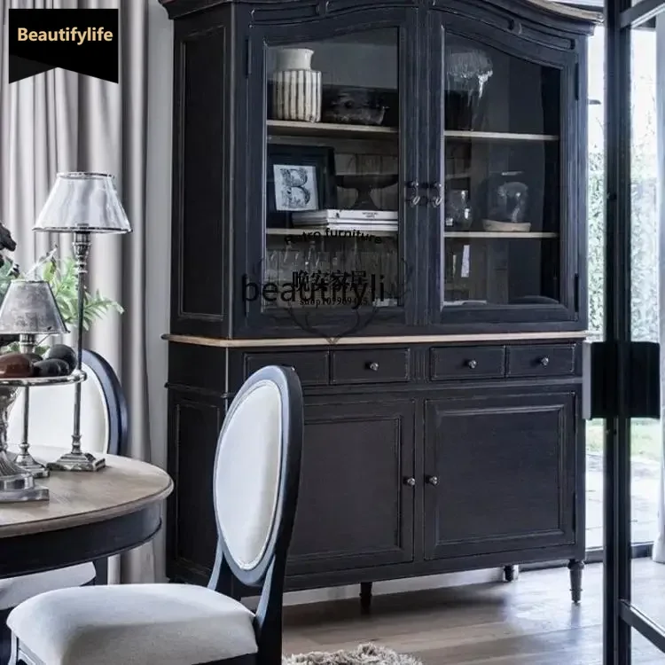 

L American rural solid wood dining side cabinet retro and old curved locker French black storage cabinet D80