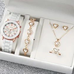 5pcs/set Women Watch Casual Round Pointer Quartz Watch Set Ring Necklace Earrings Silicone Strap Wristwatch Girls Clock Gift