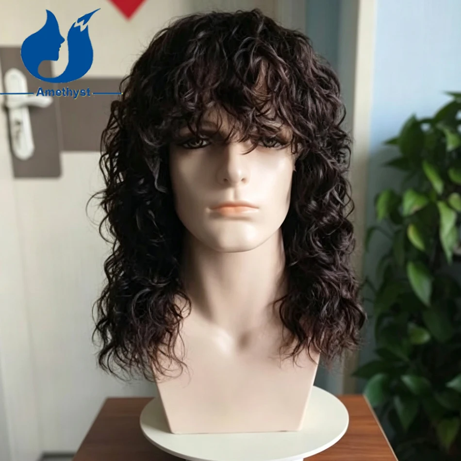 Amethyst 14 Inches Curly Dark Brown Wolf Cut Wig Human Hair with Bangs for Men Pre Styled 13x6 Lace Front Remy Hair Wig Wave