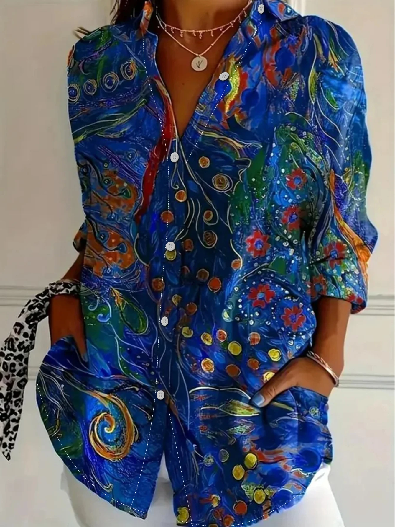 Women's Peacock Art Printed Shirt with Collar, Long Sleeve, Full Button, Side Pocket, Loose Woven Casual Top, Spring and Autumn
