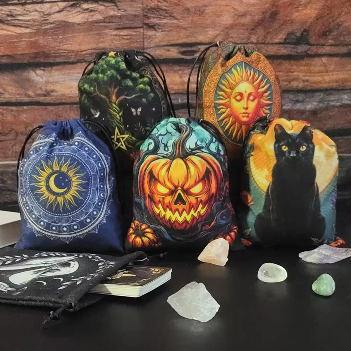 Velvet Witch Cat  Tarot Card Bag With Halloween Pumpkin Drawstring Pouch For Divination Jewelry Astrology Dice Accessories Bag