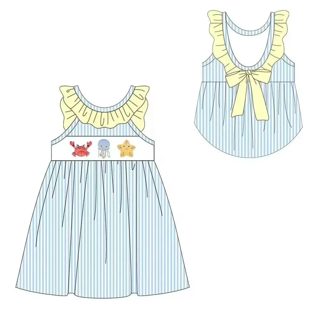 new style Sibling Matching Clothes Crab Jellyfish Starfish Yellow Short Sleeve Set Girls Sleeveless Dress Infant Baby Romper