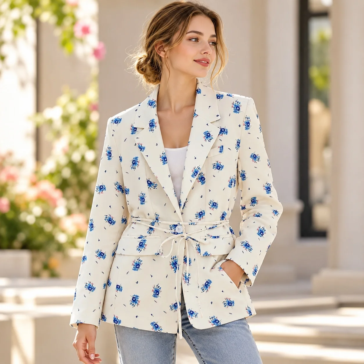 Tie Floral Print Coat Loose Fit Regular Length with One Button Closure Japanese Korean Casual Women Suit Long Sleeve Spring